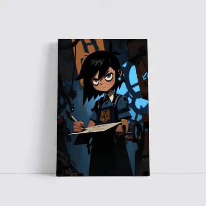 Anime Girl Writing In Dark Steampunk Workshop
