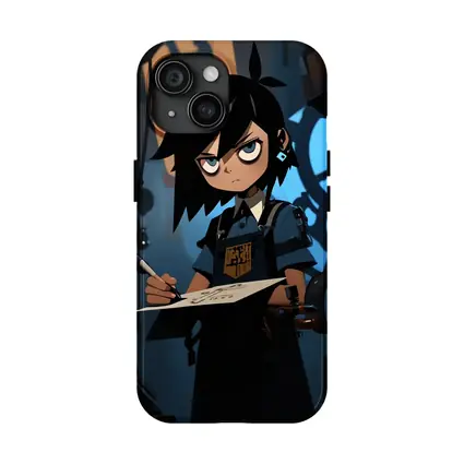 Anime Girl Writing In Dark Steampunk Workshop