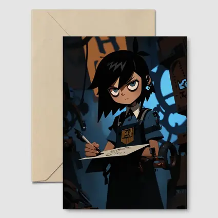 Anime Girl Writing In Dark Steampunk Workshop