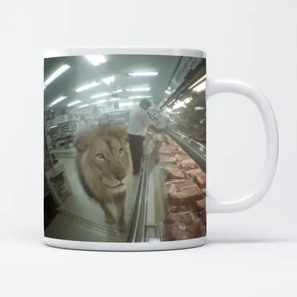Lion Walking Through Supermarket Meat Aisle
