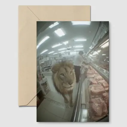 Lion Walking Through Supermarket Meat Aisle