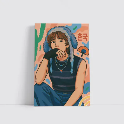 Korean Style Illustrated Girl Blue Fur Hat