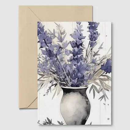 Lavender Bouquet Watercolor Vase Beige Background
