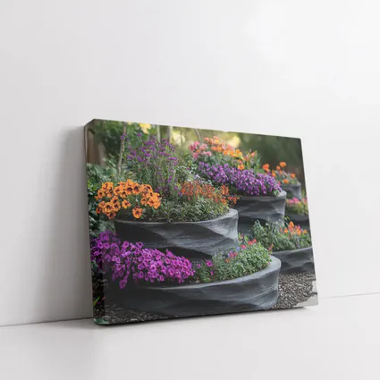 Tiered Garden Planters With Purple Orange Flowers