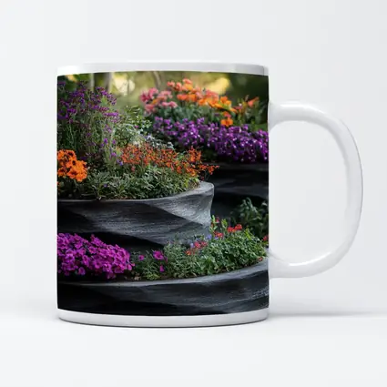 Tiered Garden Planters With Purple Orange Flowers