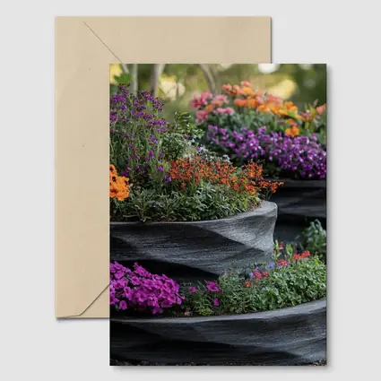 Tiered Garden Planters With Purple Orange Flowers