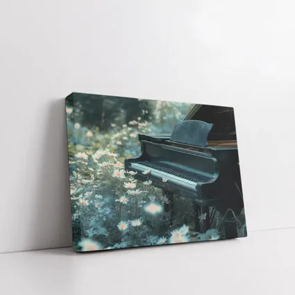 Black Grand Piano Surrounded By Wild Daisies