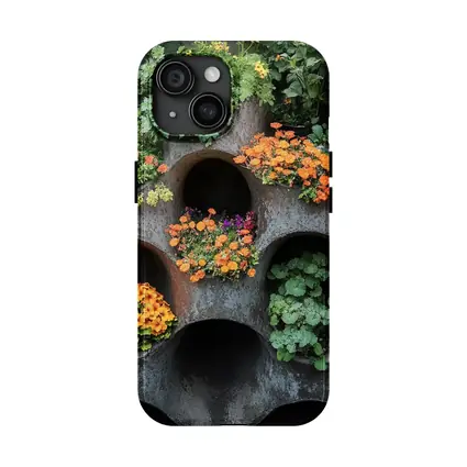 Orange Flowers Blooming In Concrete Wall Planters