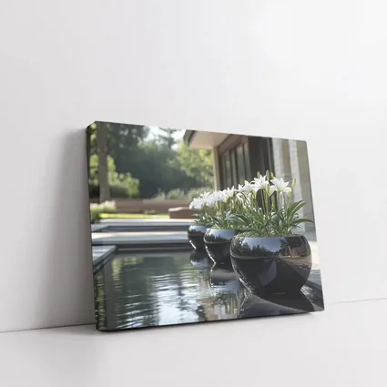 White Lilies Black Ceramic Pots Poolside Garden