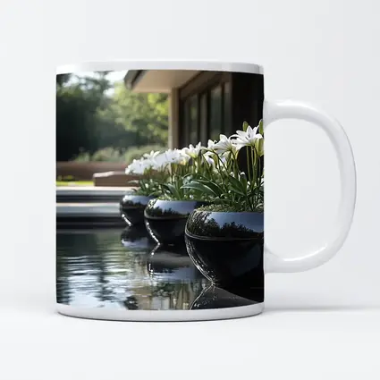 White Lilies Black Ceramic Pots Poolside Garden