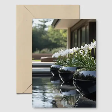 White Lilies Black Ceramic Pots Poolside Garden