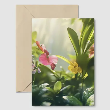 Tropical Flowers Garden Sunlit Green Leaves