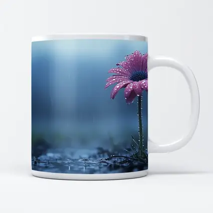 Pink Gerbera Daisy Flower Rain Blue Background