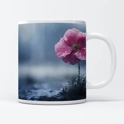 Pink Flower In Rain Blue Moody Background