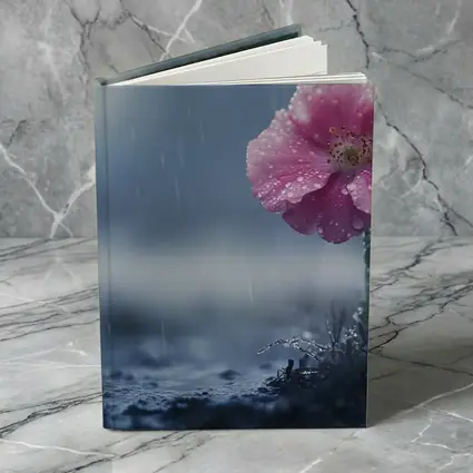 Pink Flower In Rain Blue Moody Background