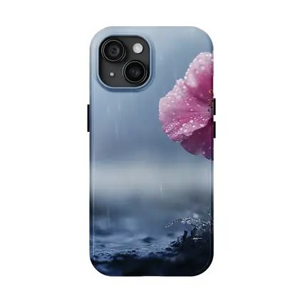 Pink Flower In Rain Blue Moody Background