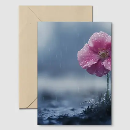 Pink Flower In Rain Blue Moody Background