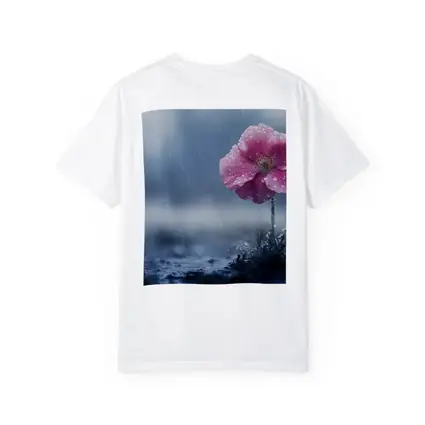 Pink Flower In Rain Blue Moody Background