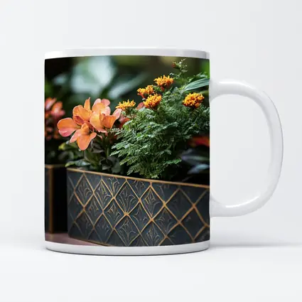 Dark Gold Geometric Planters With Orange Flowers