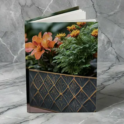 Dark Gold Geometric Planters With Orange Flowers