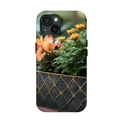 Dark Gold Geometric Planters With Orange Flowers