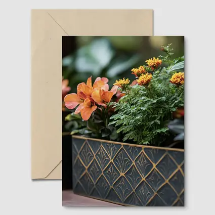 Dark Gold Geometric Planters With Orange Flowers