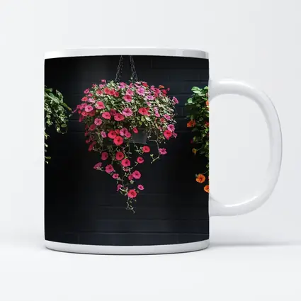 Hanging Petunia Baskets Against Dark Brick Wall