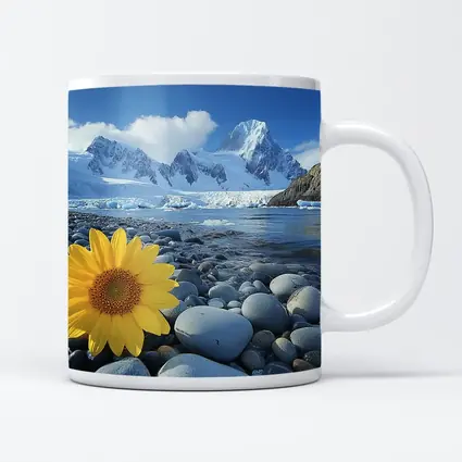Yellow Sunflower Rocky Shore Snow Mountains