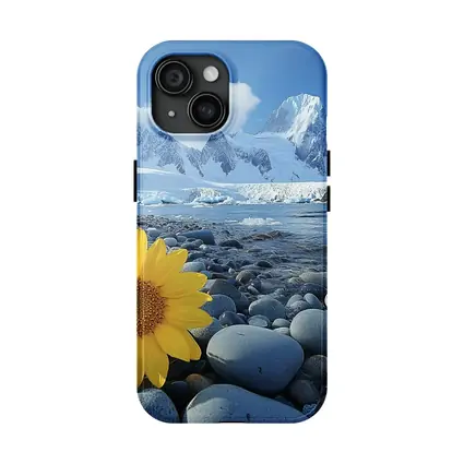 Yellow Sunflower Rocky Shore Snow Mountains