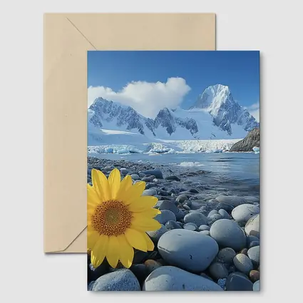 Yellow Sunflower Rocky Shore Snow Mountains