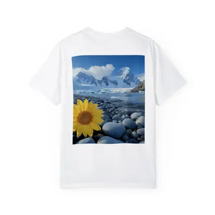 Yellow Sunflower Rocky Shore Snow Mountains