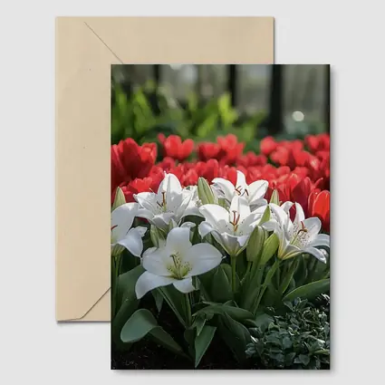 White Lilies Red Tulips Garden Flower Bed