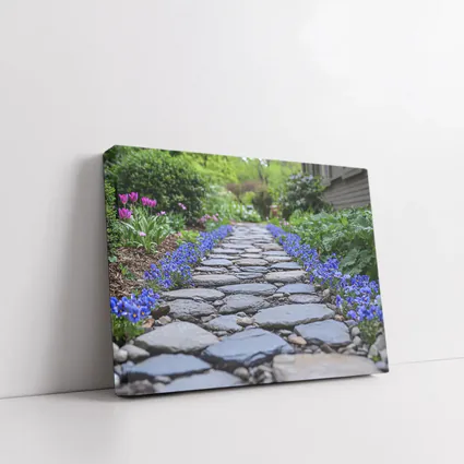 Stone Garden Path Blue Flowers Spring