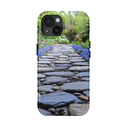 Stone Garden Path Blue Flowers Spring
