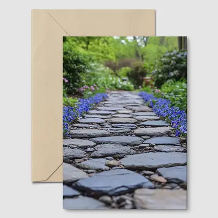 Stone Garden Path Blue Flowers Spring