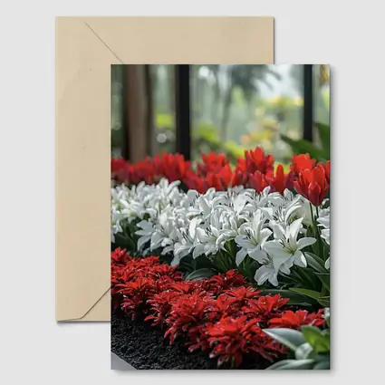 Red White Tulips Lilies Garden Tropical Setting