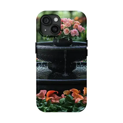 Black Garden Fountain Pink Roses Flowers