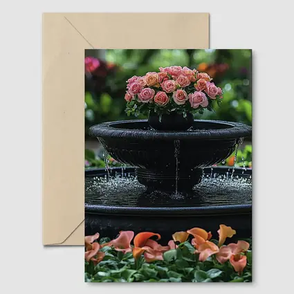Black Garden Fountain Pink Roses Flowers