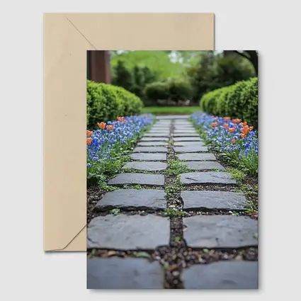 Tulips And Muscari Along Garden Stone Path