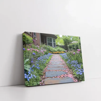 Stone Garden Path Tulips Blue Flowers Spring