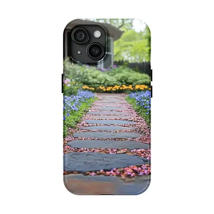 Stone Garden Path Tulips Blue Flowers Spring