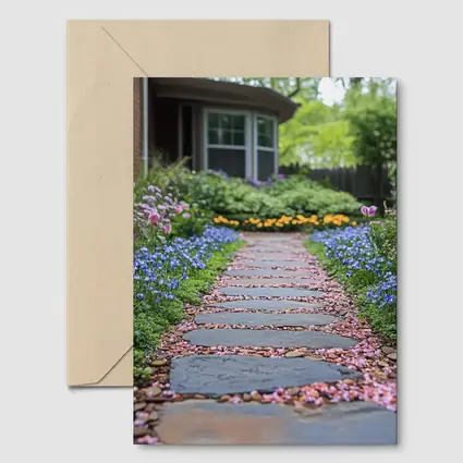 Stone Garden Path Tulips Blue Flowers Spring