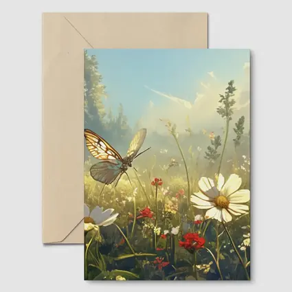 Butterfly Over Daisy Wildflower Meadow Summer