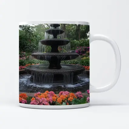 Tiered Garden Fountain Surrounded By Colorful Flowers