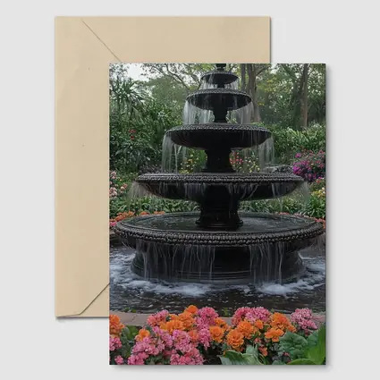 Tiered Garden Fountain Surrounded By Colorful Flowers