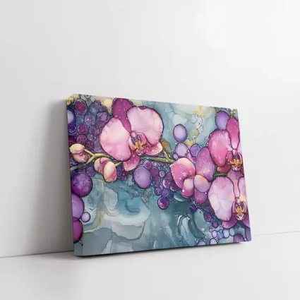 Pink Orchids Alcohol Ink Art Blue Background
