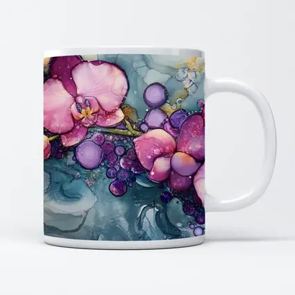Pink Orchids Alcohol Ink Art Blue Background