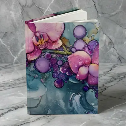 Pink Orchids Alcohol Ink Art Blue Background