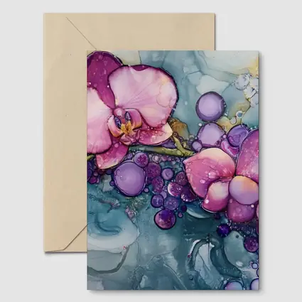 Pink Orchids Alcohol Ink Art Blue Background