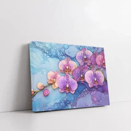 Purple Pink Orchids Alcohol Ink Blue Background